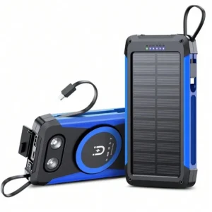 wireless solar power bank equipped with dual charging cables.